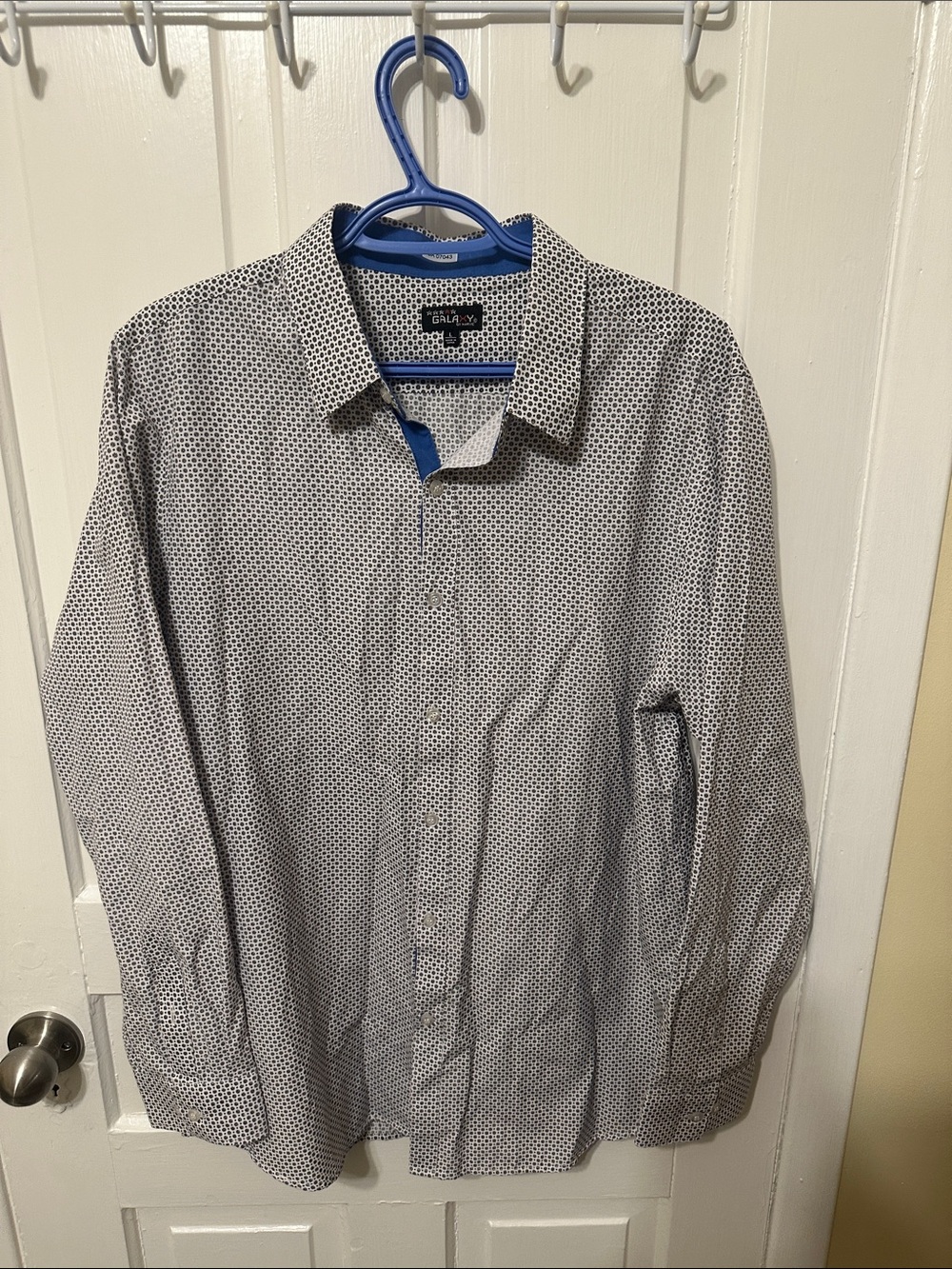 Galaxy By Harvic White Dress Shirt with Navy Micro-Pattern